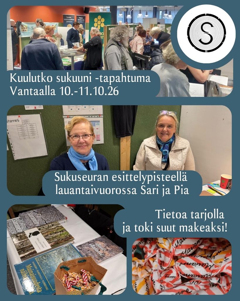 Kuvassa valokuvia tapahtumasta: 1. Yleiskuva, jossa esittelypisteitä ja tapahtumavieraita. 2. Sukuseuran esittelypisteellä lauantaivuorossa Sari ja Pia. 3. Esittelypisteellä pääsi tutustumaan Sairasten suvusta julkaistuihin sukukirjoihin karamellitarjoilun kyydittämänä.